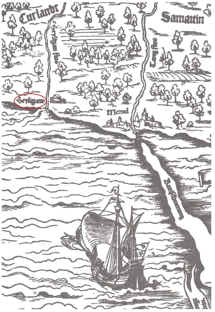 1542 m. žemėlapio fragmentas. Šventoji įvardyta „Heyligaw“. Matyti ir Klaipėda (Memel), Kuršių nerija. Iliustracija iš knygos „Palangos istorija“ (1999 m.).