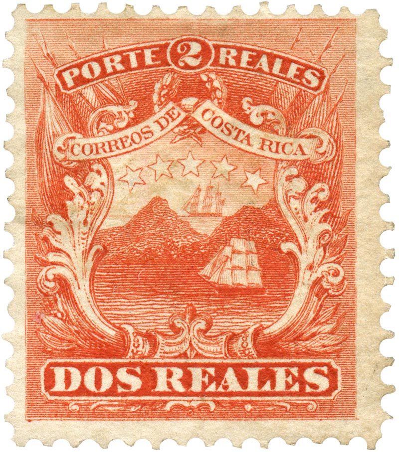 Šalis - Kosta Rika. Išleidimo data - 1863 m. Tai - seniausias pašto ženklas Lietuvos jūrų muziejaus rinkinyje.