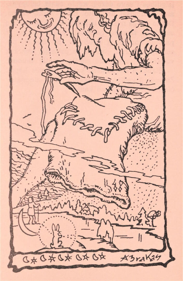 Gerasis Drevernos milžinas, kauline adata lopantis prakiurusį smilčių maišą. Adomo Brako iliustracija iš 1940 m. dr. Jono Remeikos knygos. Deniso NIKITENKOS nuotr.