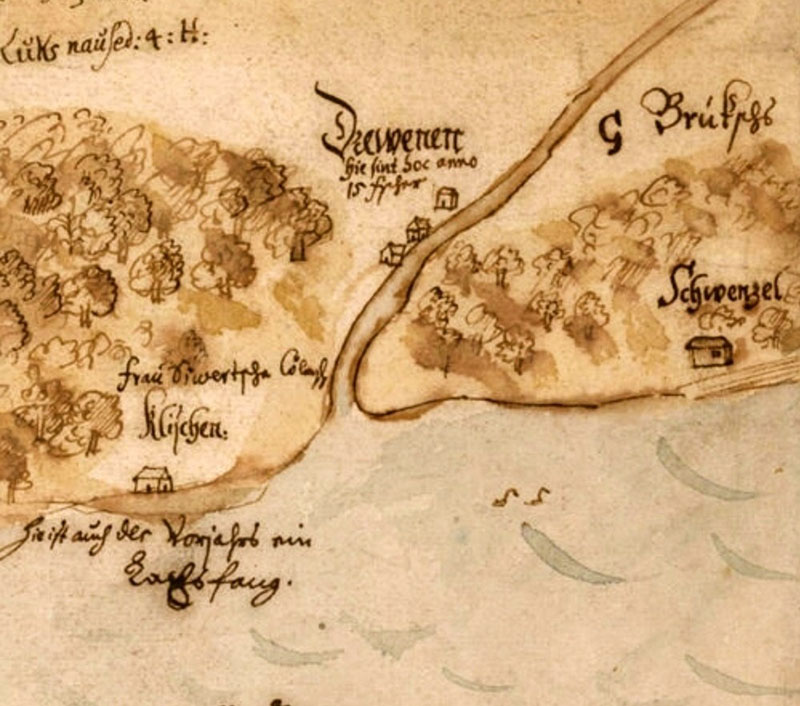 Drevernos kaimelis su vos keliomis sodybomis 1650-1670 m. rankraštiniame žemėlapyje. Deniso NIKITENKOS nuotr.