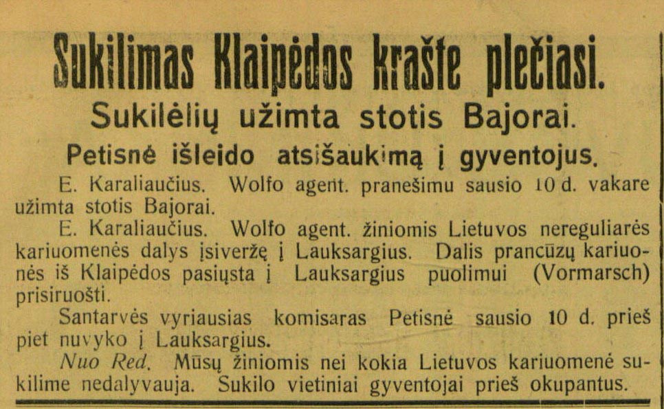 Iškarpa iš 1923 m. sausio 12 d. „Lietuvos žinių“ numerio. Apie Bajorus rašė ir straipsnio herojus Jonas Gervinas. epaveldas.lt