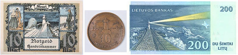 Baltasis švyturys, pavaizduotas piniguose. 1922 m. 10 markių (Notgeld); 1937 m. 10 centų; 1997 m. laidos 200 litų. Deniso NIKITENKOS arch. ir LB Pinigų muziejaus rinkinys.