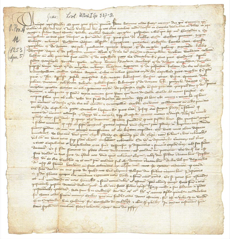 1253 m. balandžio 5 d. Kuršo vyskupo Henriko ir Vokiečių ordino sutartis dėl Pietų Kuršo padalijimo. XV a. nuorašas, saugomas Prūsijos kultūros paveldo slaptajame valstybės archyve Berlyne.  Iliustracija iš T. Baranausko knygos „Kuršo aktai. Acta Curoniae“ (2017 m.).