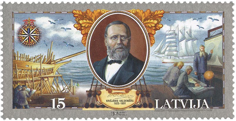 Šalis - Latvija. Išleidimo data - 2001 m. Pašto ženkle pavaizduotas Krišjanio Valdemaro portretas. Viena iš jo įsteigtų jūreivystės mokyklų veikė Palangoje (Šventojoje).