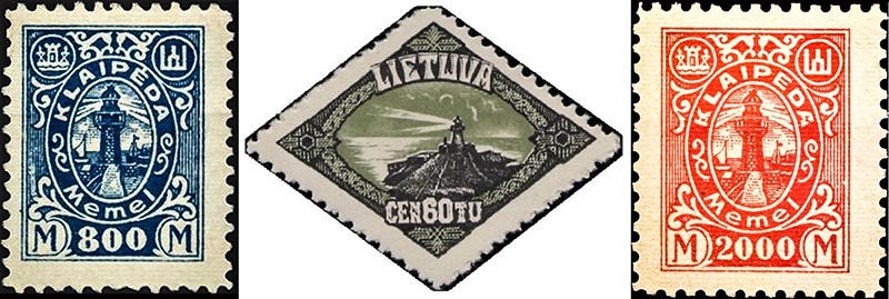 Tarpukariu išleisti lietuviški pašto ženklai su Baltojo švyturio motyvais.  Deniso NIKITENKOS arch.