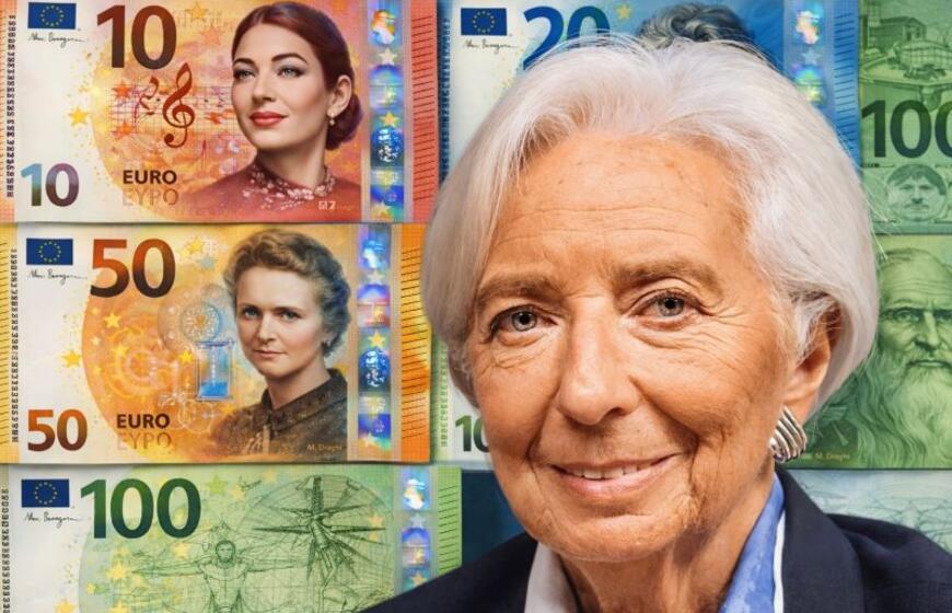 Christine Lagarde ir naujųjų eurų eskizai