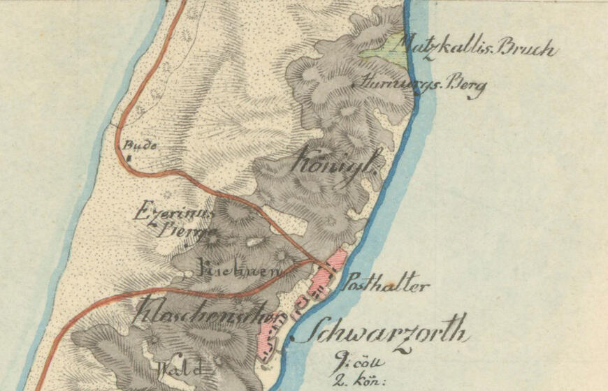 1796 m. žemėlapyje matyti, kad į šiaurę nuo Juodkrantės Gintaro įlankos dar nėra.