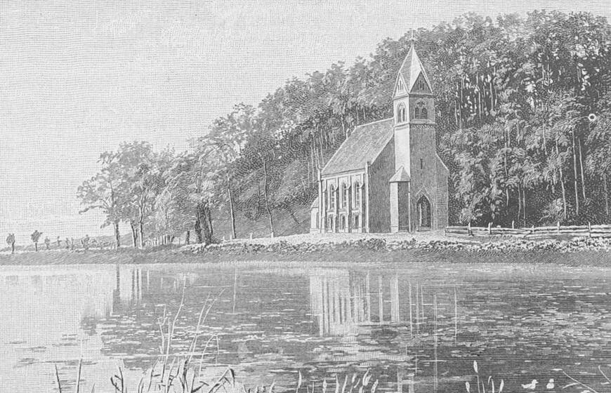 1888 m. išspausdinta iliustracija. Neseniai pastatyta Juodkrantės bažnyčia stovi ant pačios Kuršių marių seklumos kranto.