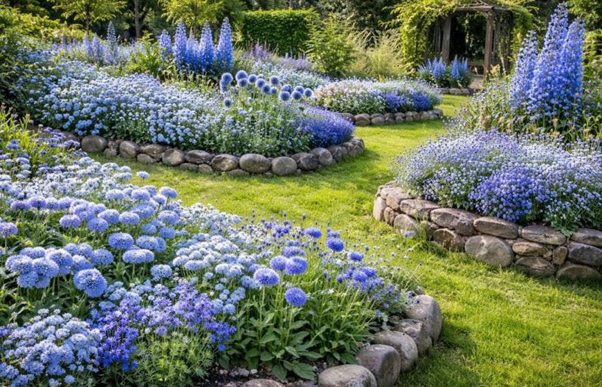 Jūra ir dangus tiesiog gėlyne: mėlyni ir žydri žiedai keičia sklypo nuotaiką