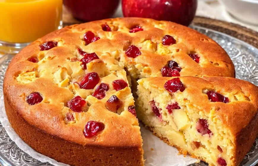 Auksinės spalvos pyragas iš stiklinės sulčių ir 1 obuolio