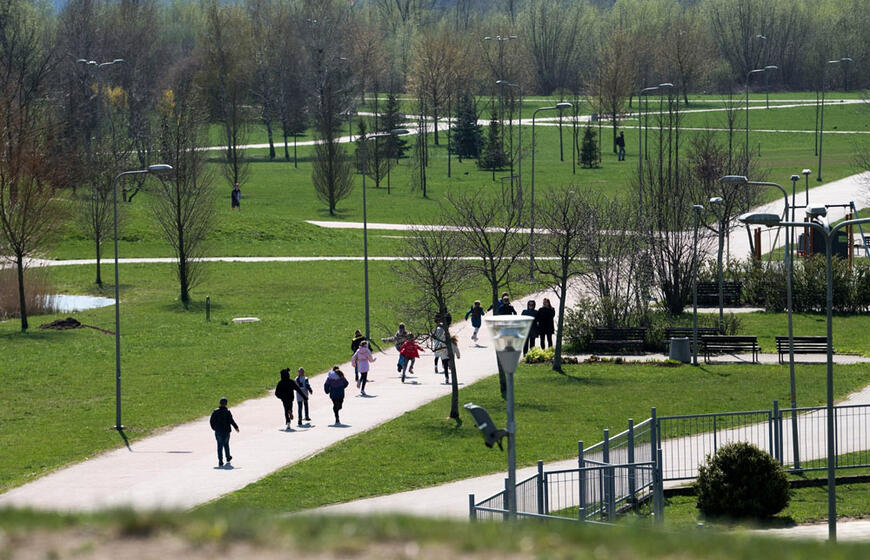 Sąjūdžio parkas, žmonės, medžiai