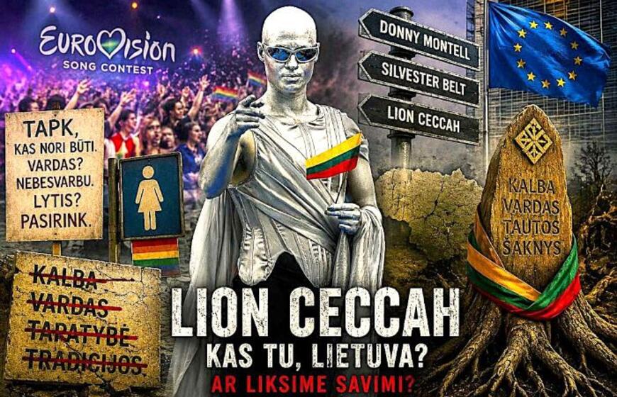 Sidabru nudažytas sceninis personažas su Lietuvos vėliava minioje
