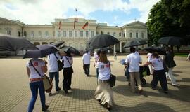 D. Kedžio dukros perdavimo motinai priešininkai prie Prezidentūros protestavo nešini tamsiais skėčiais
