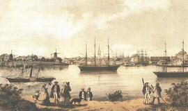 Po Didžiojo gaisro 1854 m. atsistačiusio Mėmelio miesto panorama 1862 m. išleistoje G. Waldhauerio litografijoje. Deniso NIKITENKOS kolekcija.