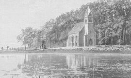 1888 m. išspausdinta iliustracija. Neseniai pastatyta Juodkrantės bažnyčia stovi ant pačios Kuršių marių seklumos kranto.