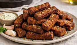 Ruginės duonos skrudinti skrebučiai su česnaku keptuvėje