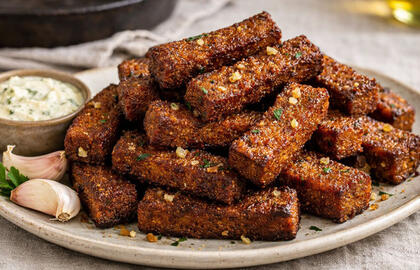 Ruginės duonos skrudinti skrebučiai su česnaku keptuvėje