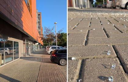 šaligatvis, stiklo šukės, pastatas