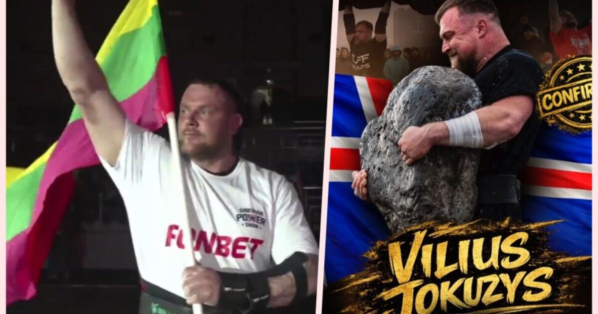 Du lietuviai galiūnai varžybose Rusijoje, vienas į sceną Sibire kopė su Lietuvos trispalve