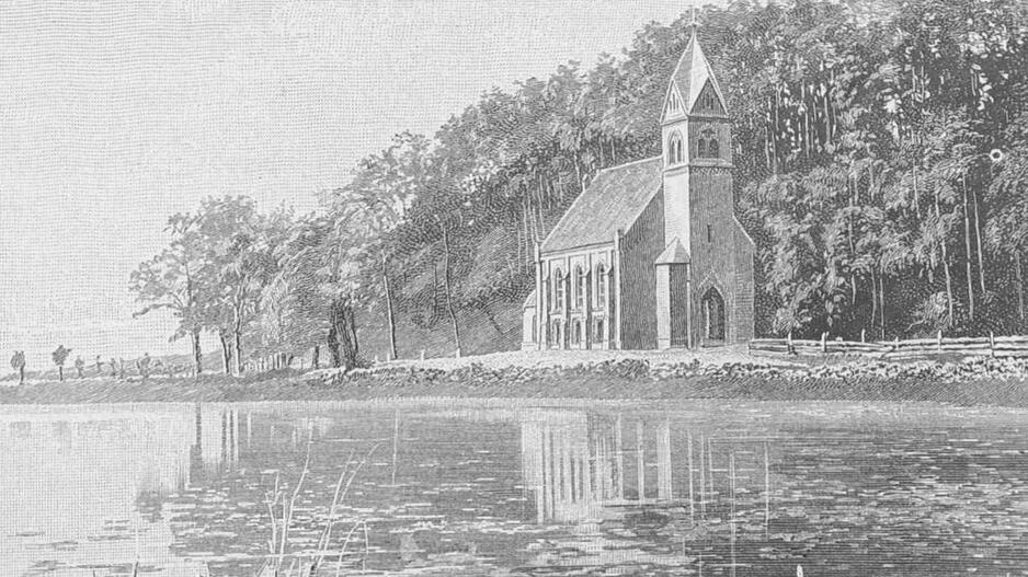 1888 m. išspausdinta iliustracija. Neseniai pastatyta Juodkrantės bažnyčia stovi ant pačios Kuršių marių seklumos kranto.