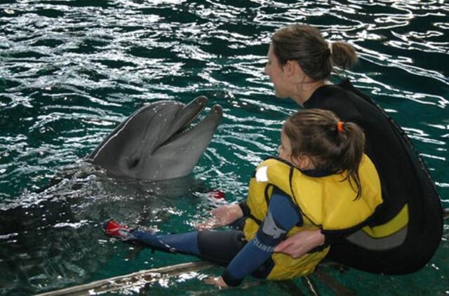 Kelis šimtus kilogramų sveriantys delfinai su vaikais žaidžia labai švelniai ir atsargiai