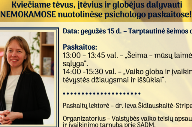 Nuotolinės nemokamos psichologės paskaitos tėvams, įtėviams ir globėjams