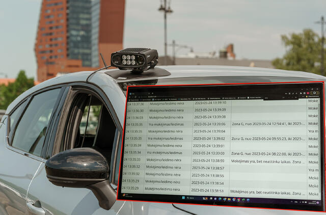 VšĮ „Klaipėdos keleivinis transportas” darbuotojai testuoja mobilią parkavimo kontrolės įrangą Piliavietės aikštelėje.