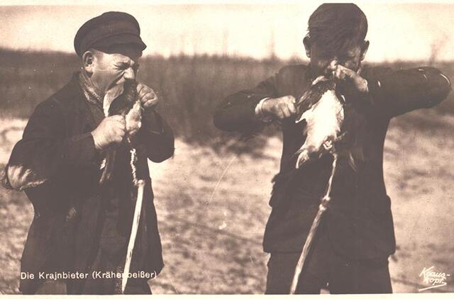 Kuršių nerijos berniukai varnoms „kanda kaklus”. Garsi, bet surežisuota talentingo fotografo Fritzo Krauskopfo nuotrauka (apie 1940 m.).