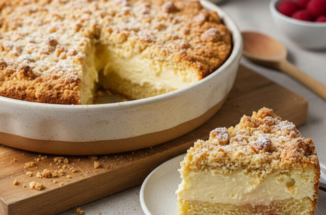 Trys sluoksniai viename kąsnyje: purus keksas, varškė ir traški trupinių plutelė – receptas