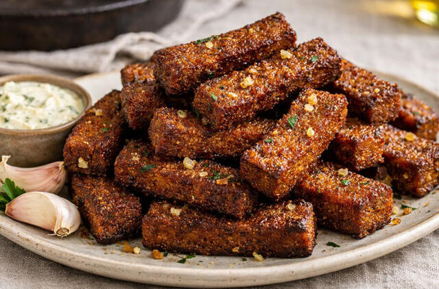 Ruginės duonos skrudinti skrebučiai su česnaku keptuvėje